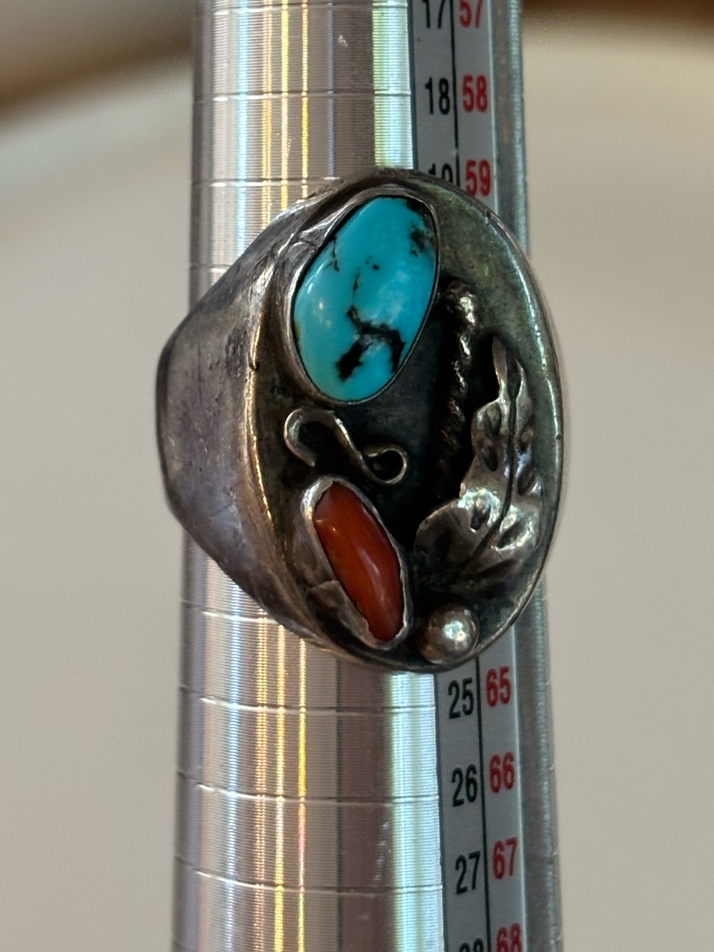 Vintage Sterling Silver Turquoise Coral Ring 10 Southwestern Native Old Pawn 21g - Picture 8 of 10